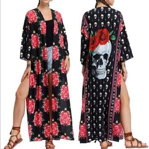 Boho Floral Skulls Long Kimono Cardigan